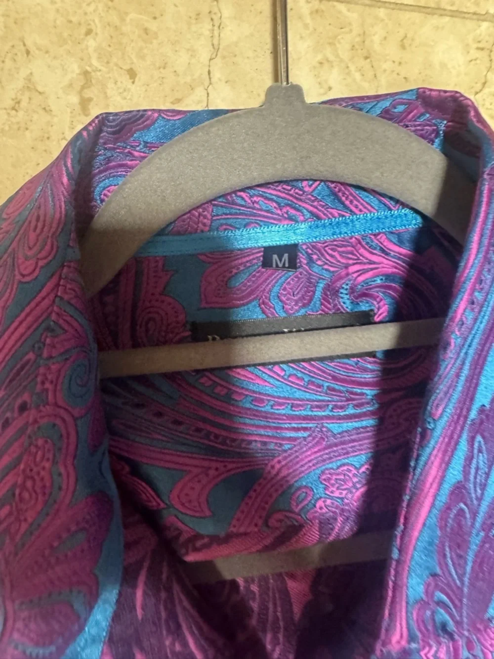 Silky Paisley Button-Up Shirt in Purple & Teal - Picture 3 of 3